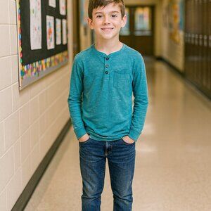 Cat & Jack Boys Long Sleeve Henley Teal Shirt XL (16) Athletic Preppy Stretch